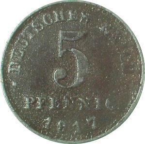 Anverso 5 Pfennige 1917 A "Tipo 1915-1922" - valor de la moneda  - Alemania, Imperio alemán