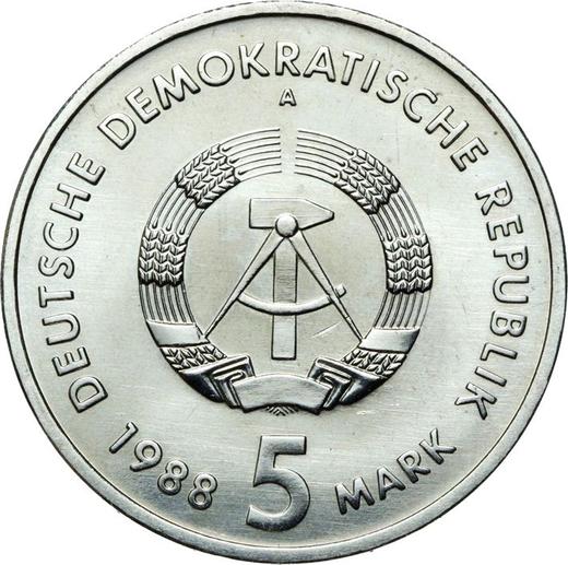 Reverso 5 marcos 1988 A "Locomotora de vapor - Sajonia" - valor de la moneda  - Alemania, República Democrática Alemana (RDA)