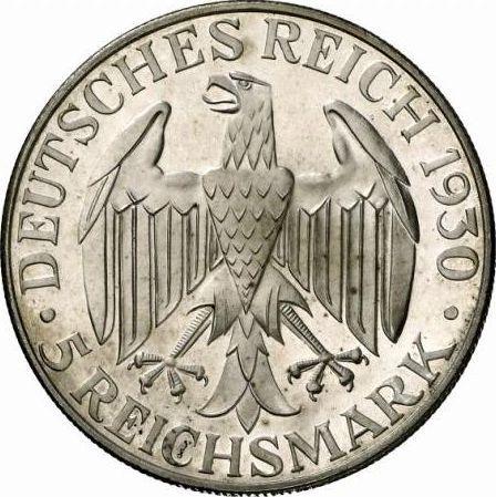 Аверс монеты - 5 рейхсмарок 1930 года J "Цеппелин" - цена серебряной монеты - Германия, Bеймарская республика