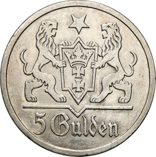 Аверс монеты - 5 гульденов 1927 года "Костел Святой Марии" - цена серебряной монеты - Польша, Вольный город Данциг