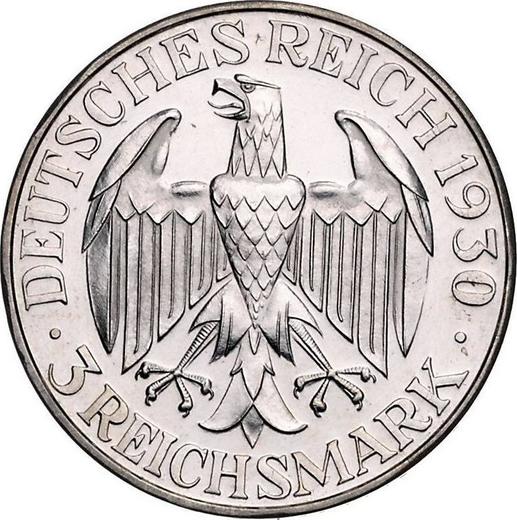 Аверс монеты - 3 рейхсмарки 1930 года J "Цеппелин" - цена серебряной монеты - Германия, Bеймарская республика