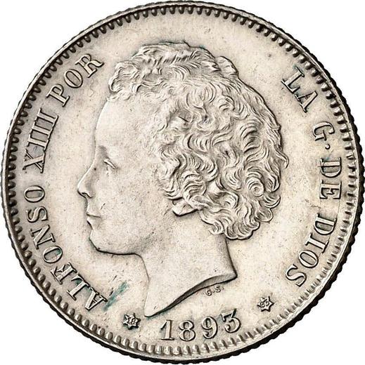 Awers monety - 1 peseta 1893 PGL - cena srebrnej monety - Hiszpania, Alfons XIII