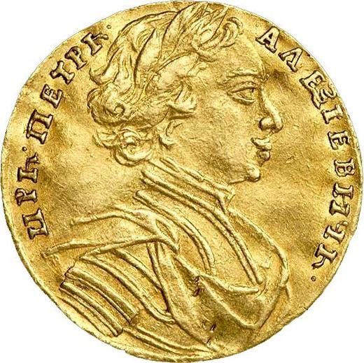 Anverso 1 chervonetz (10 rublos) 1712 D-L Sin hebilla en la capa Cabeza divide la inscripción - valor de la moneda de oro - Rusia, Pedro I