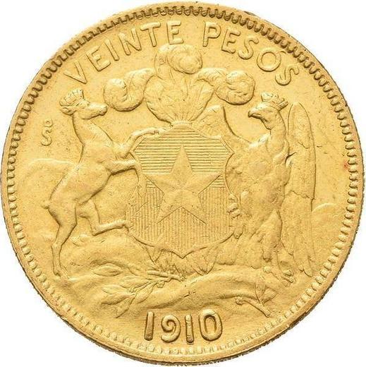 Реверс монеты - 20 песо 1910 года So - цена золотой монеты - Чили, Республика