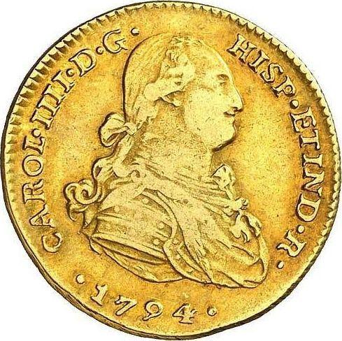 Аверс монеты - 2 эскудо 1794 года IJ - цена золотой монеты - Перу, Карл IV