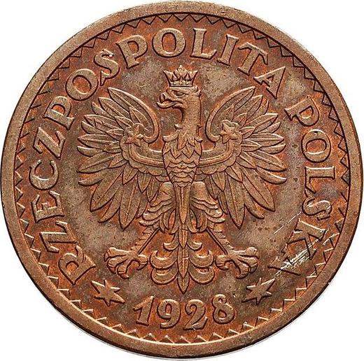 Аверс монеты - Пробный 1 злотый 1928 года "Венок из колосьев" Медь - цена  монеты - Польша, II Республика