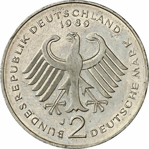 Reverso 2 marcos 1989 J "Kurt Schumacher" - valor de la moneda  - Alemania, RFA