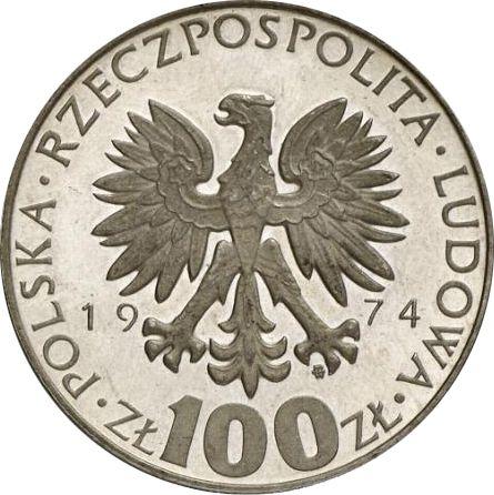 Аверс монеты - Пробные 100 злотых 1974 года MW "Мария Склодовская-Кюри" Серебро - цена серебряной монеты - Польша, Народная Республика