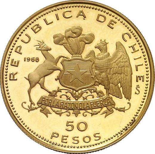 Аверс монеты - 50 песо 1968 года So "150-летие военной академии" - цена золотой монеты - Чили, Республика