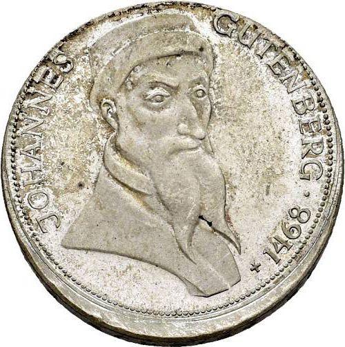 Аверс монеты - 5 марок 1968 года G "Гутенберг" Смещение штемпеля - цена серебряной монеты - Германия, ФРГ