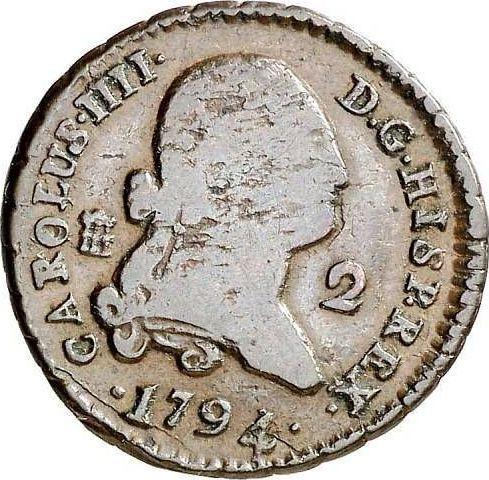 Аверс монеты - 2 мараведи 1794 года - цена  монеты - Испания, Карл IV