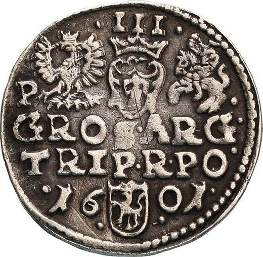 Reverso Trojak (3 groszy) 1601 P "Casa de moneda de Poznan" Retrato en el marco - valor de la moneda de plata - Polonia, Segismundo III