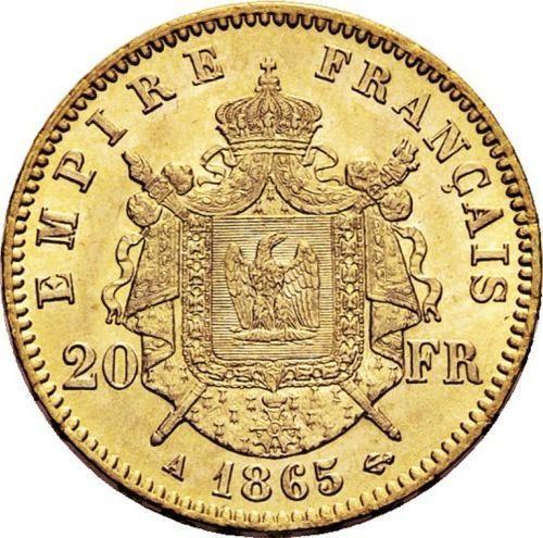 Реверс монеты - 20 франков 1865 года A "Тип 1861-1870" Париж - цена золотой монеты - Франция, Наполеон III