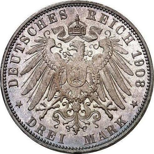 Реверс монеты - 3 марки 1908 года E "Саксония" - цена серебряной монеты - Германия, Германская Империя