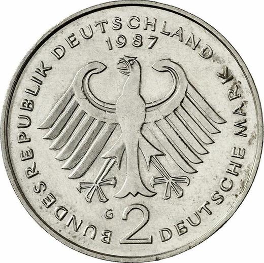 Реверс монеты - 2 марки 1987 года G "Аденауэр" - цена  монеты - Германия, ФРГ