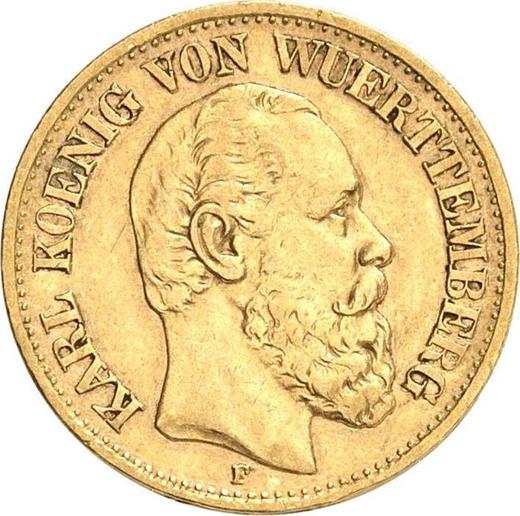 Аверс монеты - 10 марок 1877 года F "Вюртемберг" - цена золотой монеты - Германия, Германская Империя