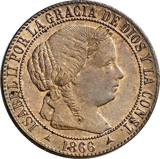 Аверс монеты - 1 сентимо эскудо 1866 года OM Трёхконечные звезды - цена  монеты - Испания, Изабелла II