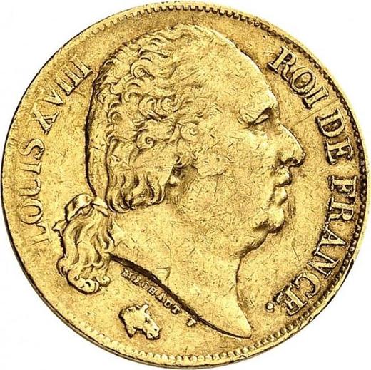 Аверс монеты - 20 франков 1822 года W "Тип 1816-1824" Лилль - цена золотой монеты - Франция, Людовик XVIII