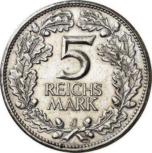 Reverso 5 Reichsmarks 1925 J "Renania" - valor de la moneda de plata - Alemania, República de Weimar