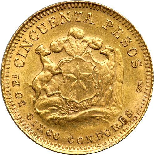 Реверс монеты - 50 песо 1958 года So - цена золотой монеты - Чили, Республика