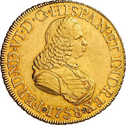 Anverso 8 escudos 1758 NR J - valor de la moneda de oro - Colombia, Fernando VI
