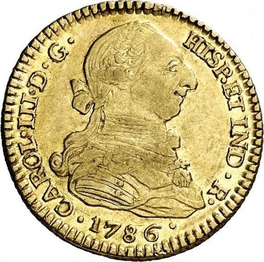 Аверс монеты - 2 эскудо 1786 года P SF - цена золотой монеты - Колумбия, Карл III