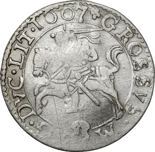 Reverso 1 grosz 1607 "Lituania" Bogoria en el escudo Marco en el reverso - valor de la moneda de plata - Polonia, Segismundo III