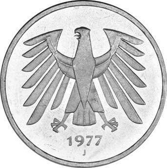 Реверс монеты - 5 марок 1977 года J - цена  монеты - Германия, ФРГ
