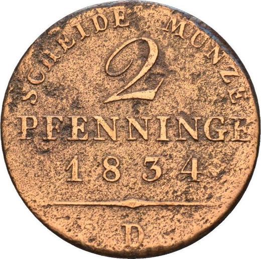 Реверс монеты - 2 пфеннига 1834 года D - цена  монеты - Пруссия, Фридрих Вильгельм III
