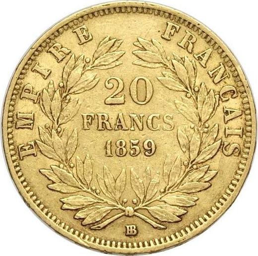 Reverso 20 francos 1859 BB "Tipo 1853-1860" Estrasburgo - valor de la moneda de oro - Francia, Napoleón III Bonaparte