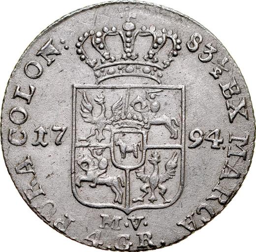 Реверс монеты - Злотовка (4 гроша) 1794 года MV Надпись 83 1/2 - цена серебряной монеты - Польша, Станислав II Август