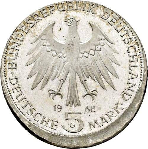 Реверс монеты - 5 марок 1968 года G "Гутенберг" Смещение штемпеля - цена серебряной монеты - Германия, ФРГ