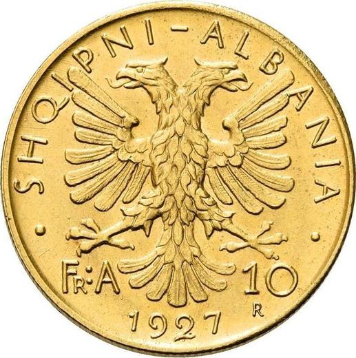 Реверс монеты - 10 франга ари 1927 года R - цена золотой монеты - Албания, Ахмет Зогу