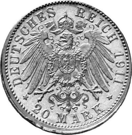 Реверс монеты - 20 марок 1911 года A "Пруссия" Инкузный брак - цена золотой монеты - Германия, Германская Империя