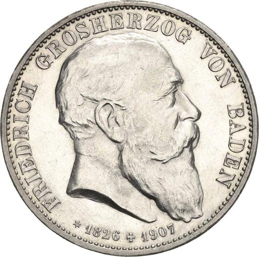 Аверс монеты - 5 марок 1907 года "Баден" Смерть Фридриха I - цена серебряной монеты - Германия, Германская Империя