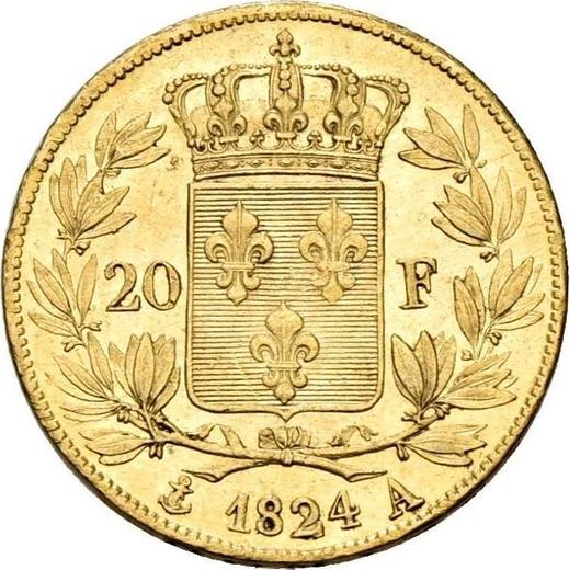 Reverso 20 francos 1824 A "Tipo 1816-1824" París - valor de la moneda de oro - Francia, Luis XVII