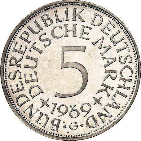 Аверс монеты - 5 марок 1969 года G - цена серебряной монеты - Германия, ФРГ
