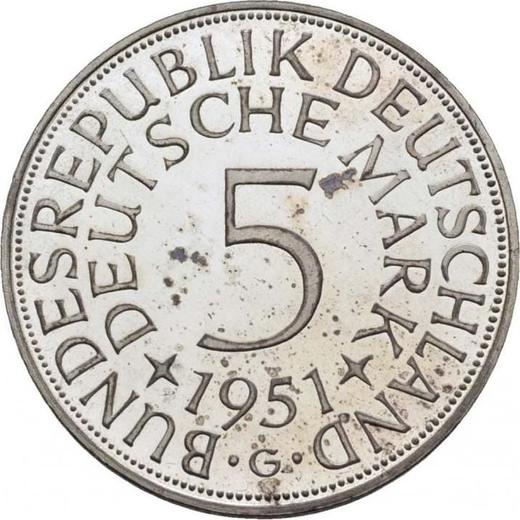 Аверс монеты - 5 марок 1951 года G - цена серебряной монеты - Германия, ФРГ