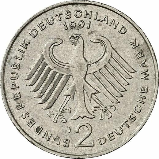 Reverse 2 Mark 1991 D "Ludwig Erhard" -  Coin Value - Germany, FRG