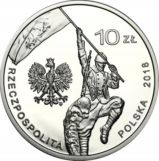 Аверс монеты - 10 злотых 2018 года "100 лет военным успехам польских американцев" - цена серебряной монеты - Польша, III Республика после деноминации