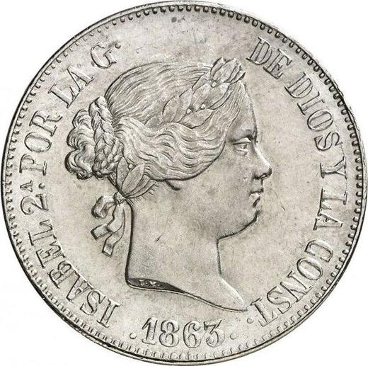 Аверс монеты - 10 реалов 1863 года Семиконечные звёзды - цена серебряной монеты - Испания, Изабелла II