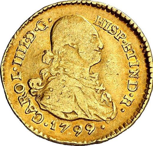 Аверс монеты - 1 эскудо 1799 года P JF - цена золотой монеты - Колумбия, Карл IV