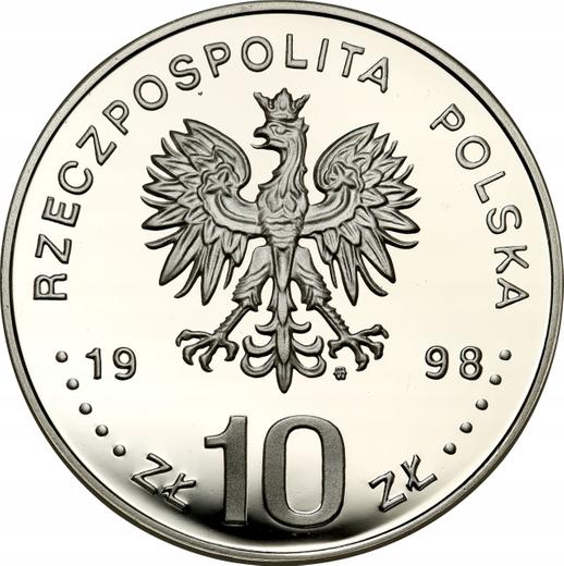 Аверс монеты - 10 злотых 1998 года MW RK "XVIII зимние Олимпийские игры - Нагано 1998" - цена серебряной монеты - Польша, III Республика после деноминации