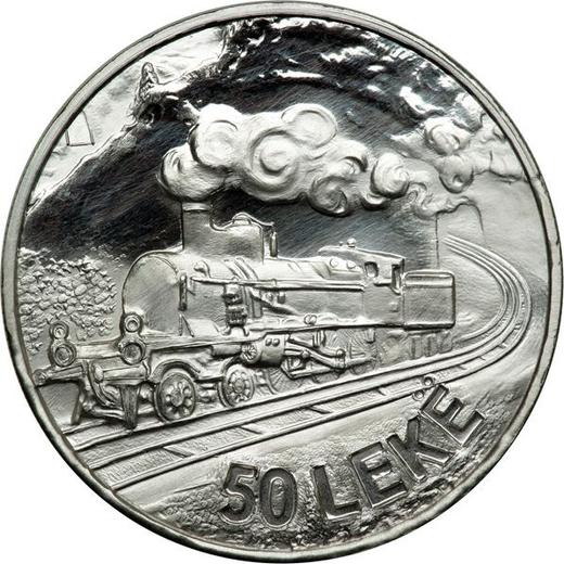 Аверс монеты - Пробные 50 леков 1986 года "Железная дорога" Платина - цена платиновой монеты - Албания, Народная Республика
