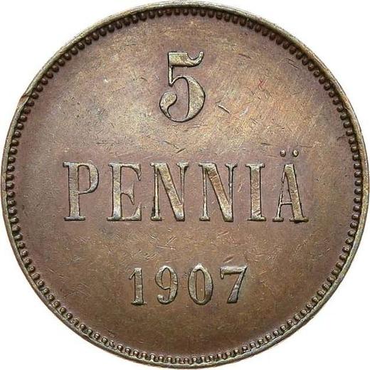 Реверс монеты - 5 пенни 1907 года - цена  монеты - Финляндия, Великое княжество