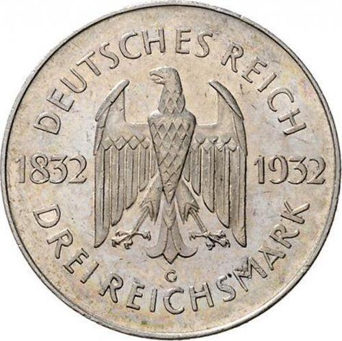 Anverso 3 Reichsmarks 1932 G "Goethe" - valor de la moneda de plata - Alemania, República de Weimar