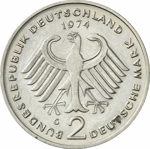 Reverse 2 Mark 1974 G "Konrad Adenauer" -  Coin Value - Germany, FRG