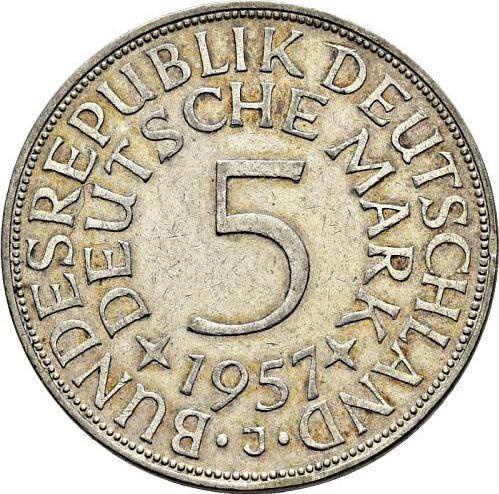 Аверс монеты - 5 марок 1957 года J Гурт (GRÜSS DICH DEUTSCHLAND AUS HERZENSGRUND) - цена серебряной монеты - Германия, ФРГ