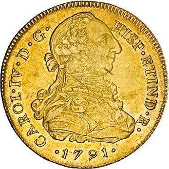 Anverso 8 escudos 1791 IJ - valor de la moneda de oro - Perú, Carlos IV