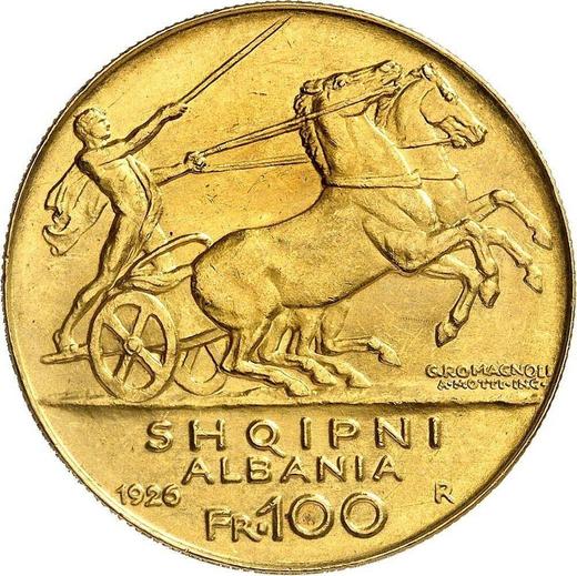 Реверс монеты - 100 франга ари 1926 года R Две звезды - цена золотой монеты - Албания, Ахмет Зогу